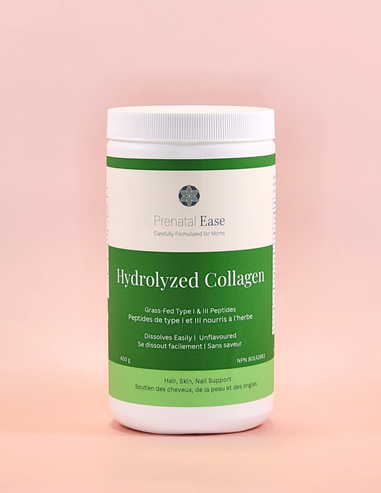 Container of Hydrolyzed Collagen with 'Prenatal Ease' branding on a pink background
