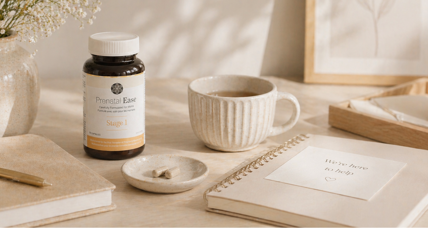 Prenatal Ease Stage 1 bottle on desk